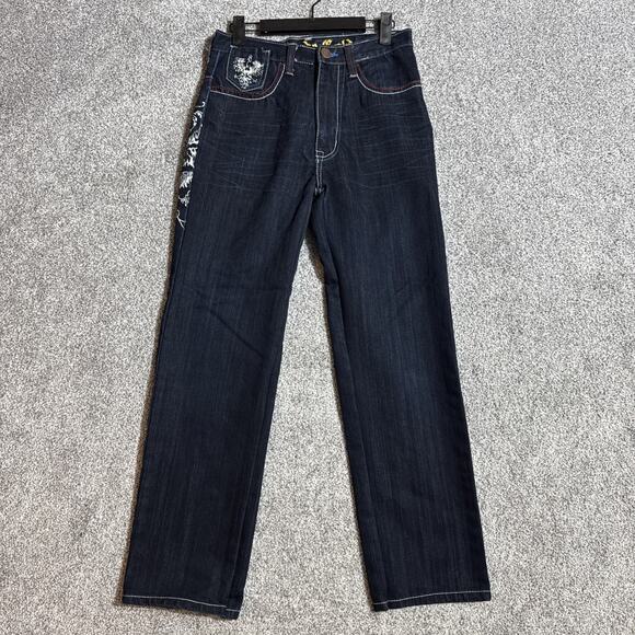 Y2K Inspired Jeans Women Size 14 Mallgoth Bootcut Rock Tattoo Grunge Embroidered - Picture 1 of 11